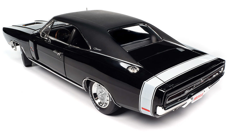 1/18 scale diecast model car of a black 1970 Dodge Charger RT.
