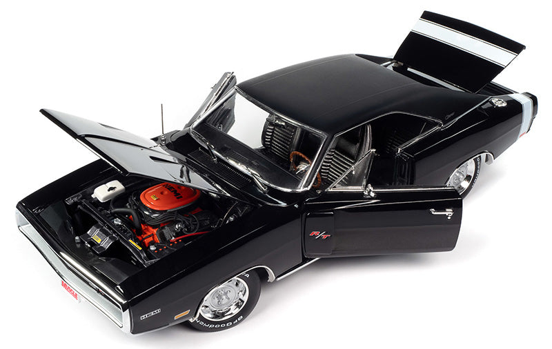 1/18 scale diecast model car of a black 1970 Dodge Charger RT with open hood, doors, and trunk.