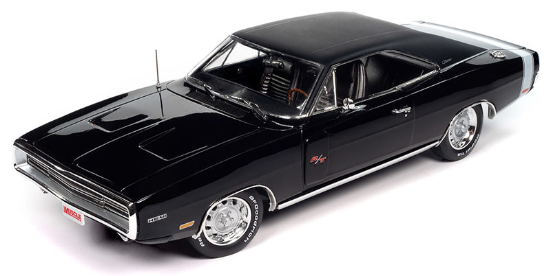 1/18 scale diecast model car of a black 1970 Dodge Charger RT.