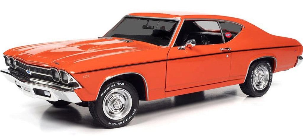 A 1/18 scale model of an orange 1969 Chevy Chevelle COPO  with a black stripe on the side.