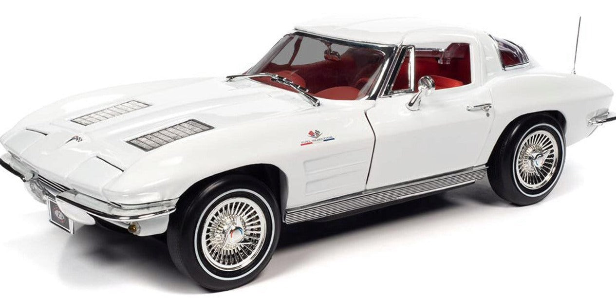 1/18 scale model of a 1963 Chevrolet Corvette Split Window Coupe in white color with a detailed red interior and chrome wheels.