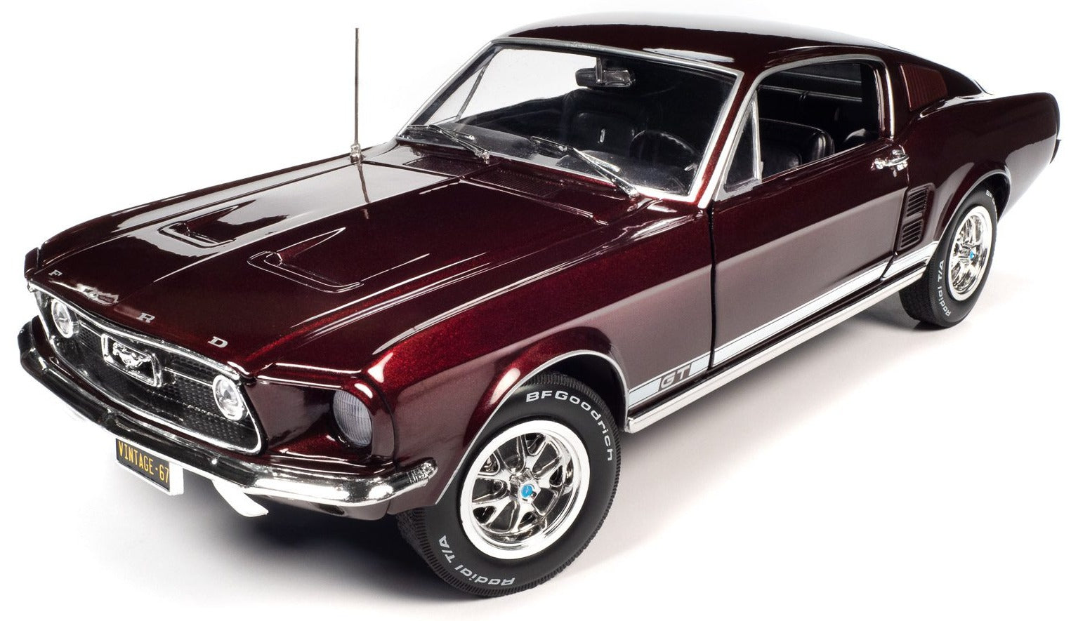 A 1/18 scale model of a 1967 Ford Mustang 2+2 GT in burgundy color.