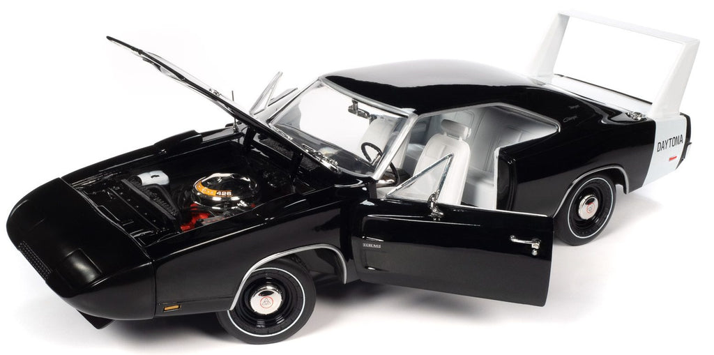 1/18 scale model of a 1969 Dodge Charger Daytona in black showing opening hood and doors.