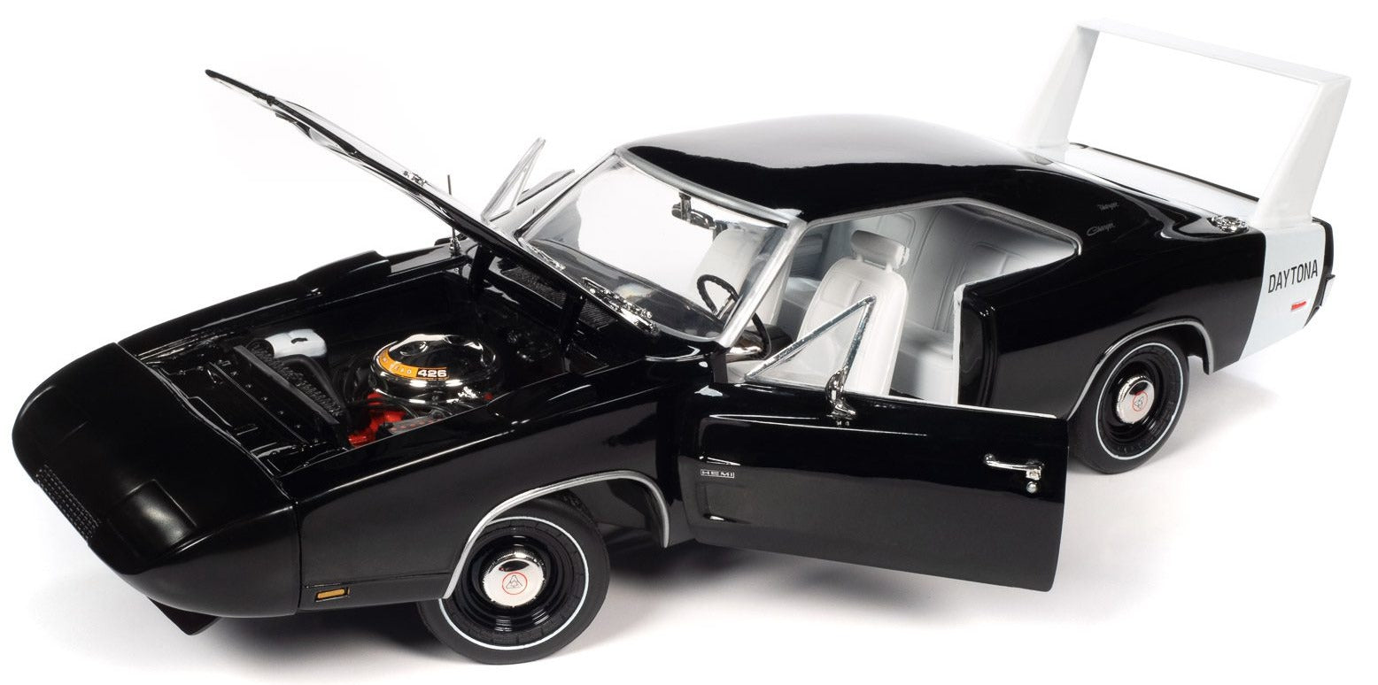 1/18 scale model of a 1969 Dodge Charger Daytona in black showing opening hood and doors.