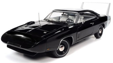 1/18 scale model of a 1969 Dodge Charger Daytona in black with white tail stripe.