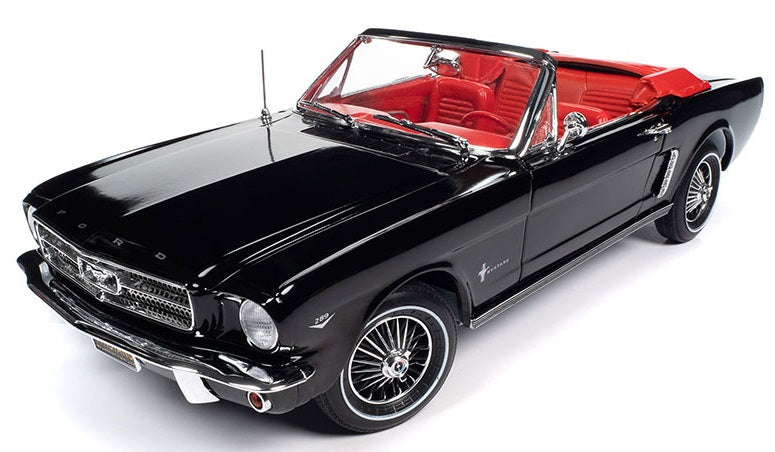 A 1/18 scale model of a Ford Mustang open convertible in Raven Black with Red Interior.