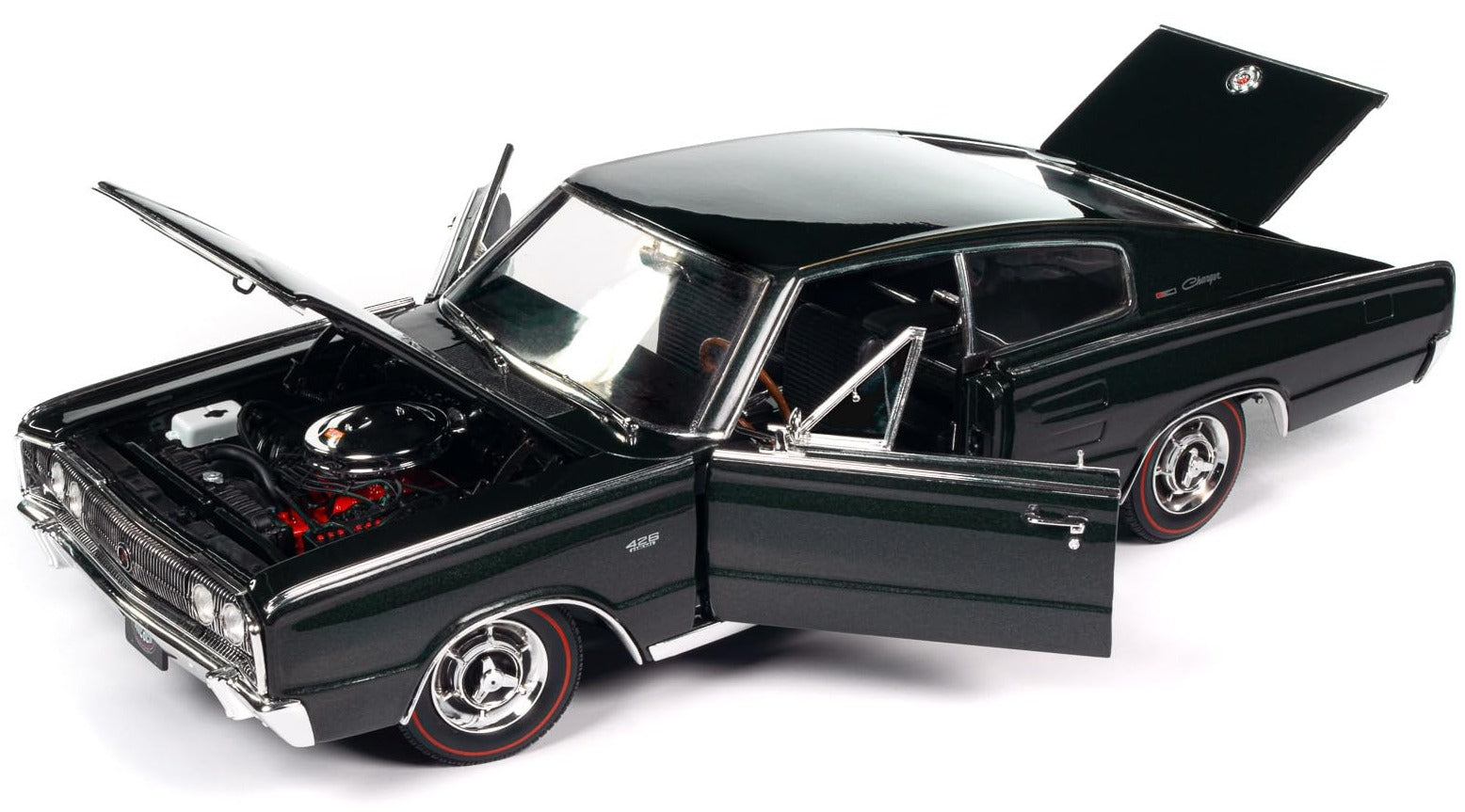 Diecast model car of 1966 Dodge Charger in dark green.