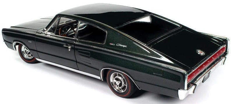 Diecast model car of 1966 Dodge Charger in dark green.