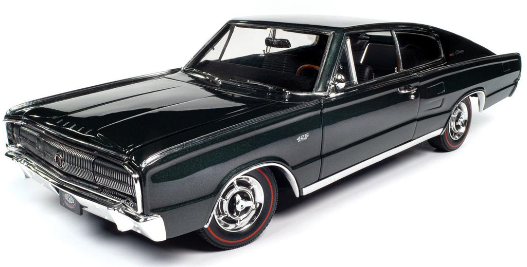 Diecast model car of 1966 Dodge Charger in dark green.