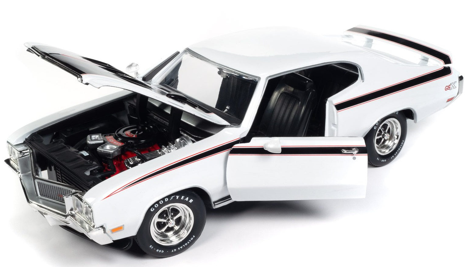 1/18 scale diecast model of a 1970 Buick GSX Hardtop in white with black stripes showing open doors and hood.