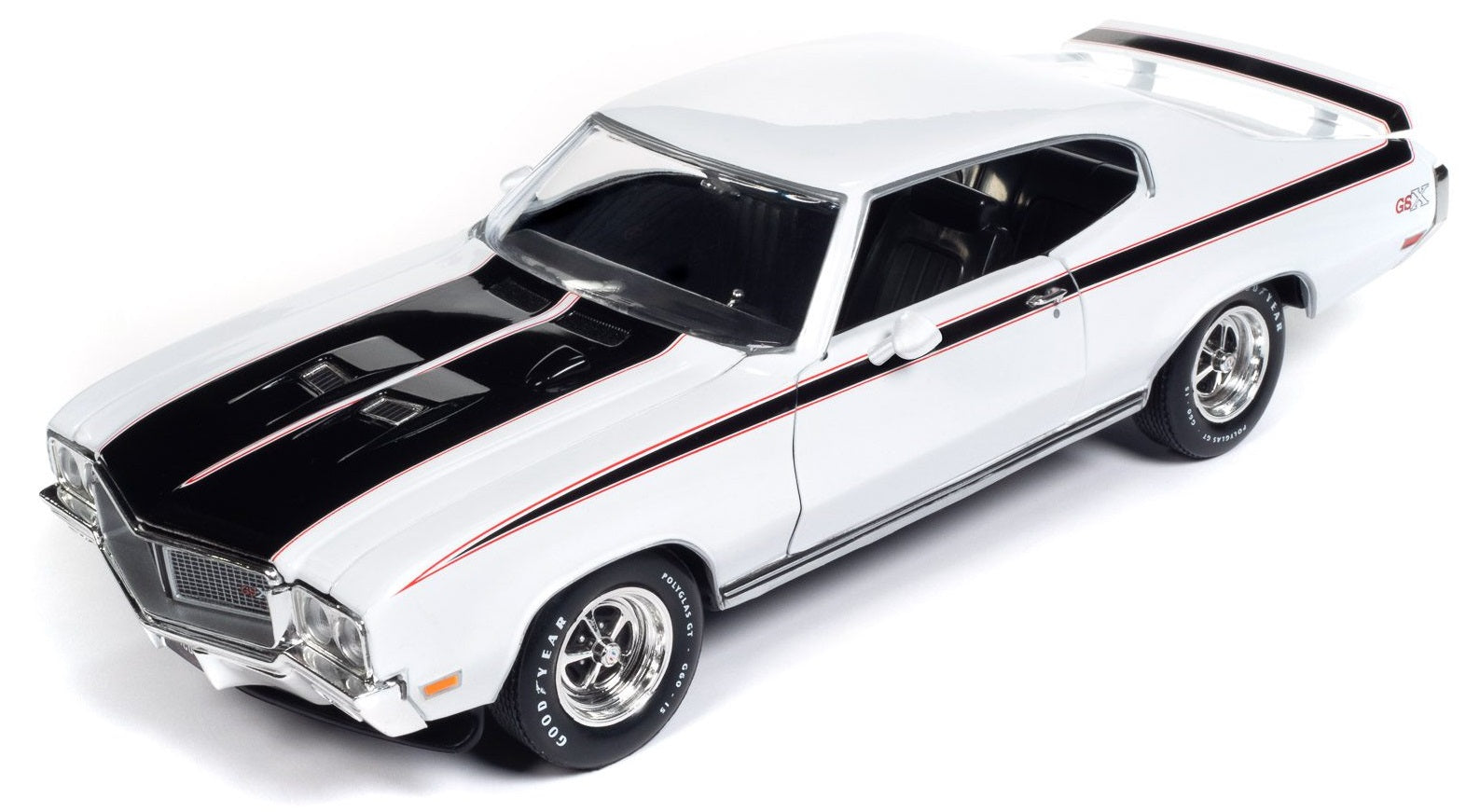 1/18 scale diecast model of a 1970 Buick GSX Hardtop in white with black stripes.