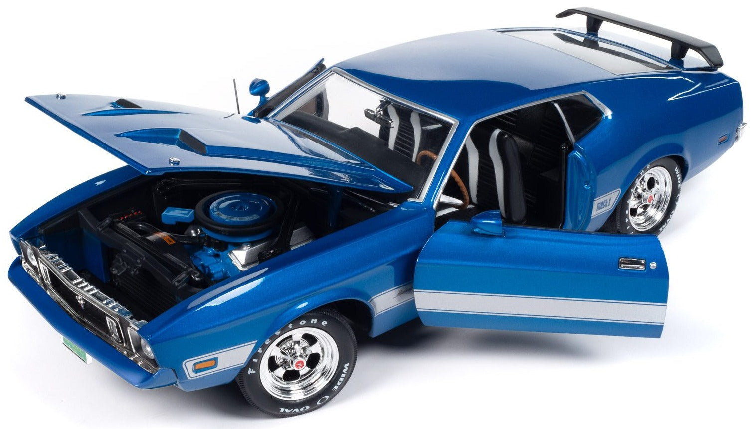 A 1/18 scale model of a blue 1973 Ford Mustang Mach I with silver stripes showing opening doors and Hood.