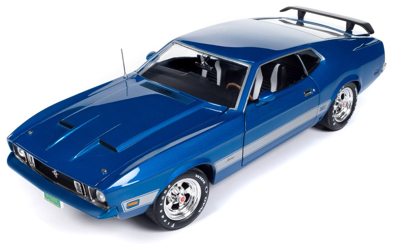 A 1/18 scale model of a blue 1973 Ford Mustang Mach I with silver stripes.