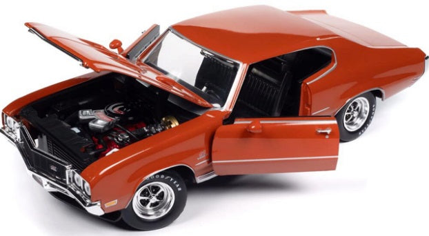 1/18 scale diecast model of 1973 Buick GS with open doors and hood.