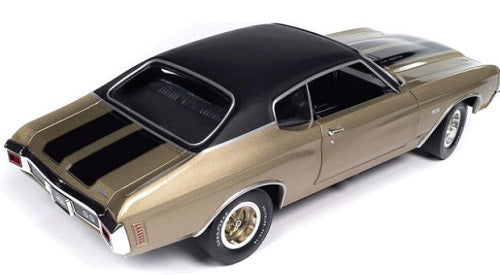 1/18 Scale diecast model car of a 1970 Chevrolet Chevelle SS in gold with black hood stripes and black roof.