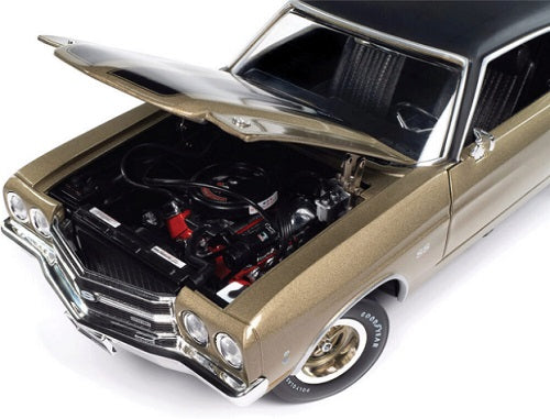 1/18 Scale diecast model car of a 1970 Chevrolet Chevelle SS with open hood showing detailed engine.