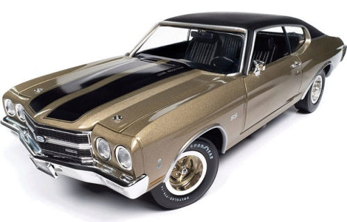 1/18 Scale diecast model car of a 1970 Chevrolet Chevelle SS in gold with black hood stripes and black roof.