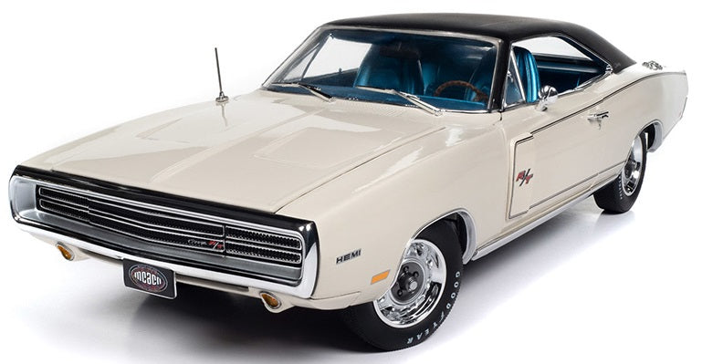 1/18 scale model of a 1970 Dodge Charger R/T in white color with blue interior and black roof.