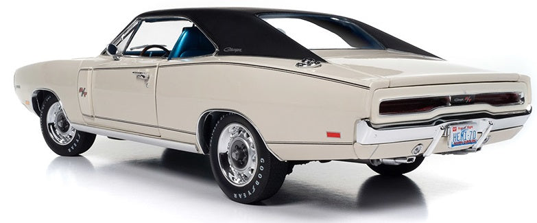 1/18 scale model of a 1970 Dodge Charger R/T in white color with black roof.