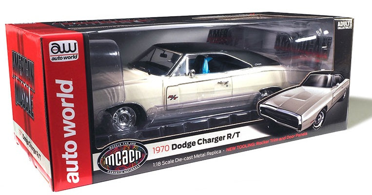 1/18 scale model of a 1970 Dodge Charger R/T in white color, packaged in a clear plastic box window with red and black accents and branding details.
