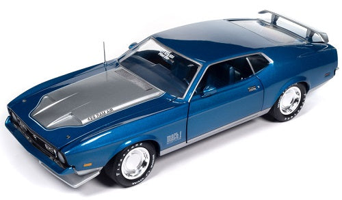 1/18 Scale model car of a 1971 Mustang Mach 1 in blue with silver hood.