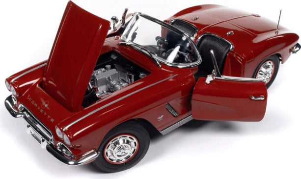 A 1/18 scale model of a 1962 Chevy Corvette Convertible in maroon color showing opening hood and doors.