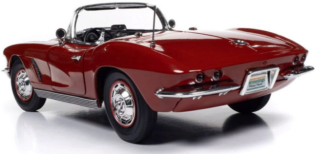 A 1/18 scale model of a 1962 Chevy Corvette Convertible in maroon color.