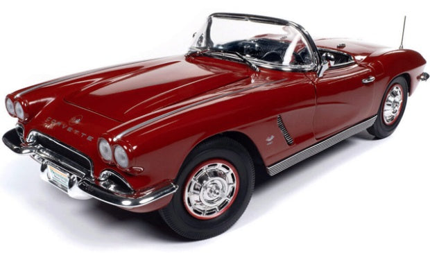 A 1/18 scale model of a 1962 Chevy Corvette Convertible in maroon color.