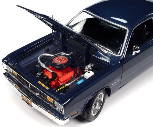 1/18 scale diecast model of a 1970 Plymouth Duster, violet metallic in color with open hood showing detailed engine.