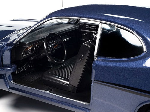 1/18 scale diecast model of a 1970 Plymouth Duster, violet metallic in color showing detailed interior.