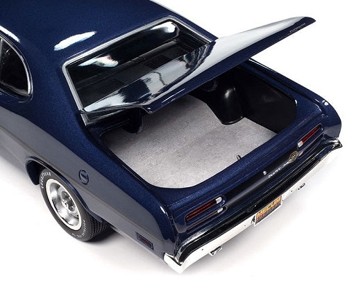 1/18 scale diecast model of a 1970 Plymouth Duster, violet metallic in color with the trunk open.