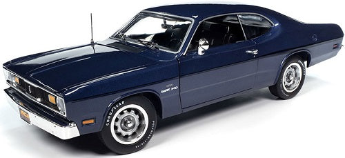 1/18 scale diecast model of a 1970 Plymouth Duster, violet metallic in color.