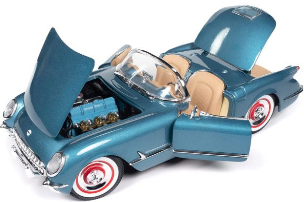 1/18 scale model of a blue 1954 Chevy Corvette convertible with open roof, hood, doors, and trunk.