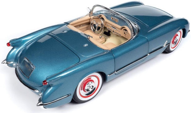 1/18 scale model of a blue 1954 Chevy Corvette convertible with open roof.