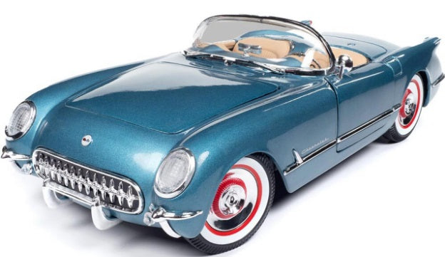 1/18 scale model of a blue 1954 Chevy Corvette convertible with open roof.