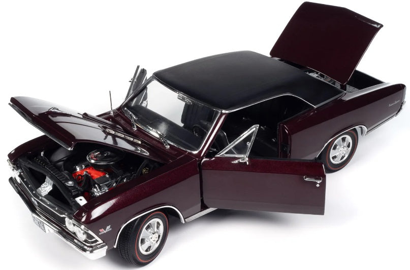 1/18 scale diecast model car of a maroon 1966 Chevy Chevelle with open hood, trunk, and doors.