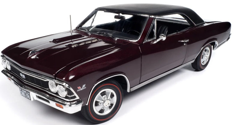 1/18 scale diecast model car of a maroon 1966 Chevy Chevelle.