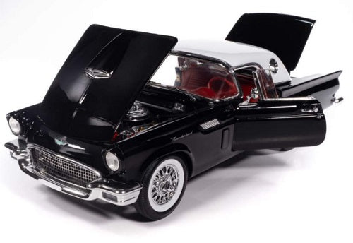 Scale model of 1957 Ford Thunderbird with open hood and doors.