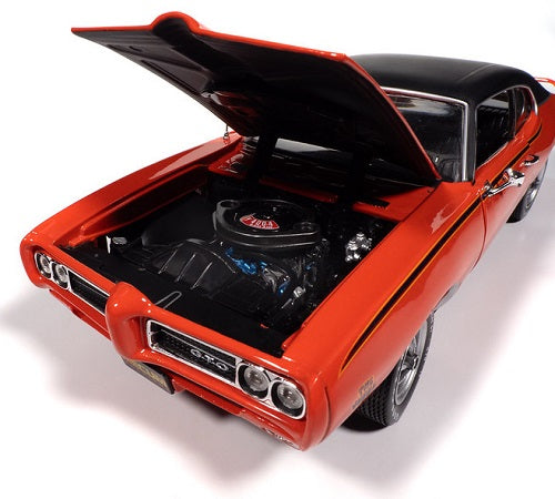1/18 scale model of 1969 Pontiac GTO  with hood open.
