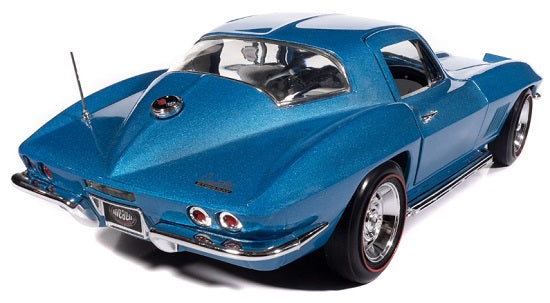 Rear view of a 1/18 scale model of 1967 Corvette Coupe painted blue.
