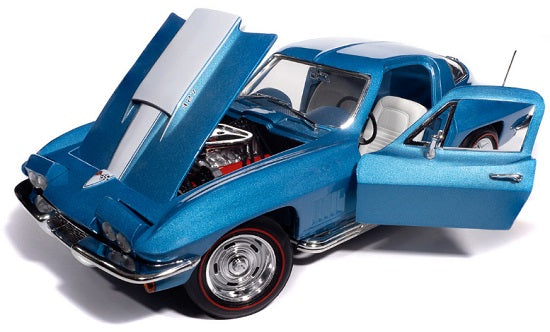 1/18 scale model of 1967 Corvette Coupe painted blue with open doors and hood.