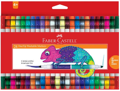 Faber-Castell 24 Duo Tip Washable Markers set with colorful markers and red packaging.