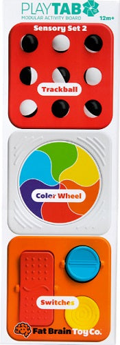 Three educational toys from Fat Brain Toy Co. including a trackball, color wheel, and switcher.