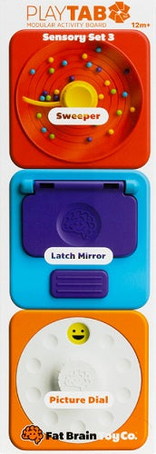 Three educational toys from Fat Brain Toys Co. with labels 'Sweeper', 'Latch Mirror', and 'Picture Dial'.