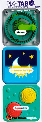 PlayTAB Sensory Set 4 with gears, picture change, and squeaker features on a blue background.