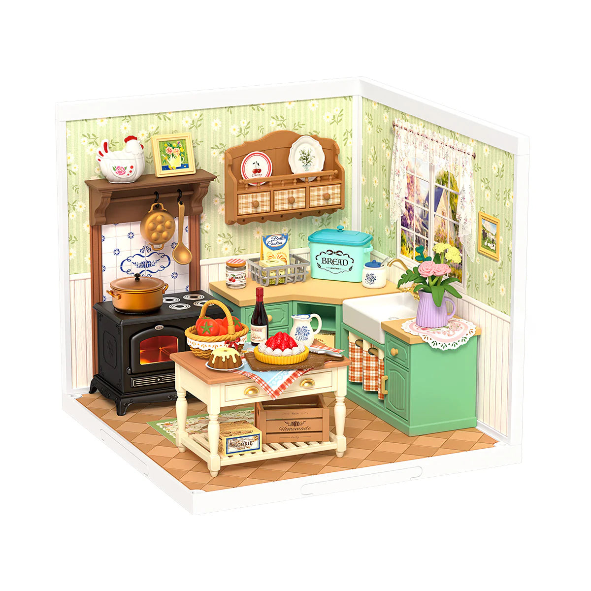 Miniature diorama of a farmhouse kitchen.