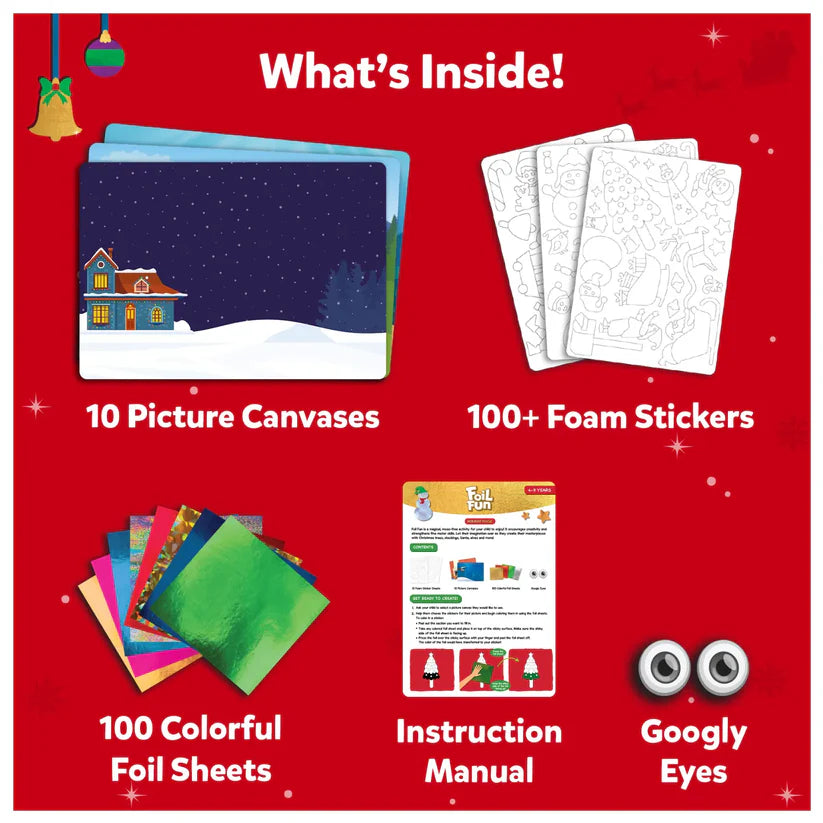 Product packaging with Christmas-themed items including backgrounds, foam stickers, foil sheets, and a manual on a red background.
