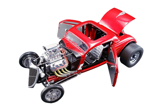 1/18 scale model of a 1934 Nitro Coupe Altered Drag car in red with flames on the side and large visible drag engine showing opening doors and trunk.