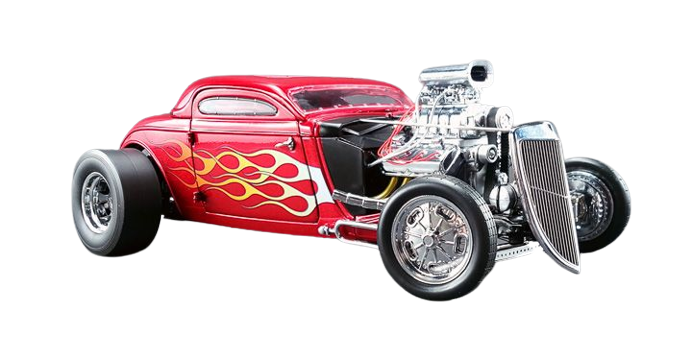 1/18 scale model of a 1934 Nitro Coupe Altered Drag car in red with flames on the side and large visible drag engine.