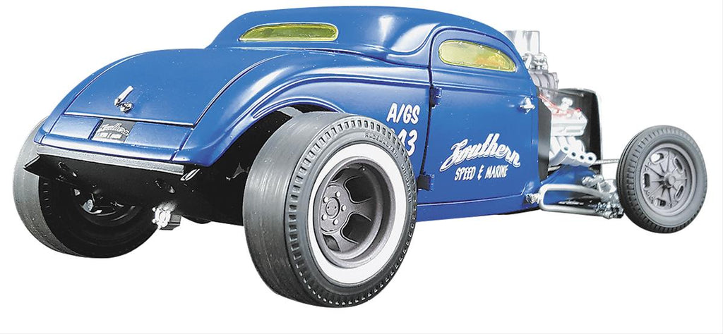 A 1/18 scale model of 1934 blown altered coupe in blue with "Southern Speed & Marine" on the side.